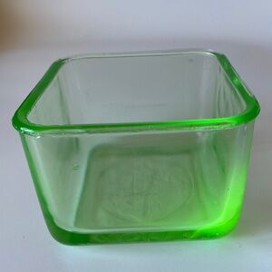 Vintage Uranium Glass Fridge Dish: Green Glass, Glowing